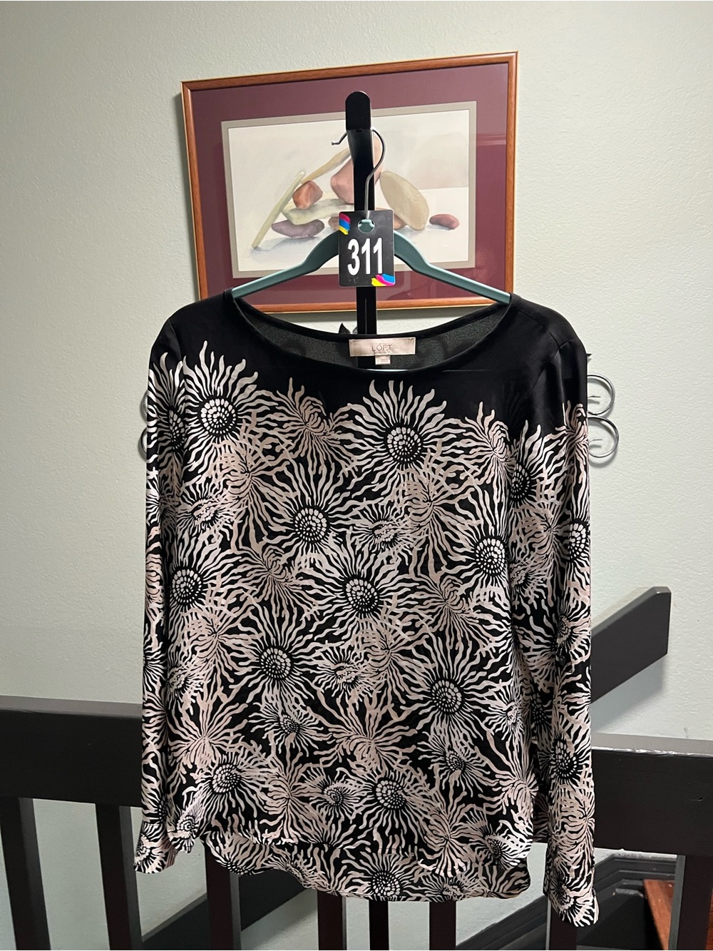 LOFT Black Long-Sleeve Top with Cream Floral Burst Print small #311